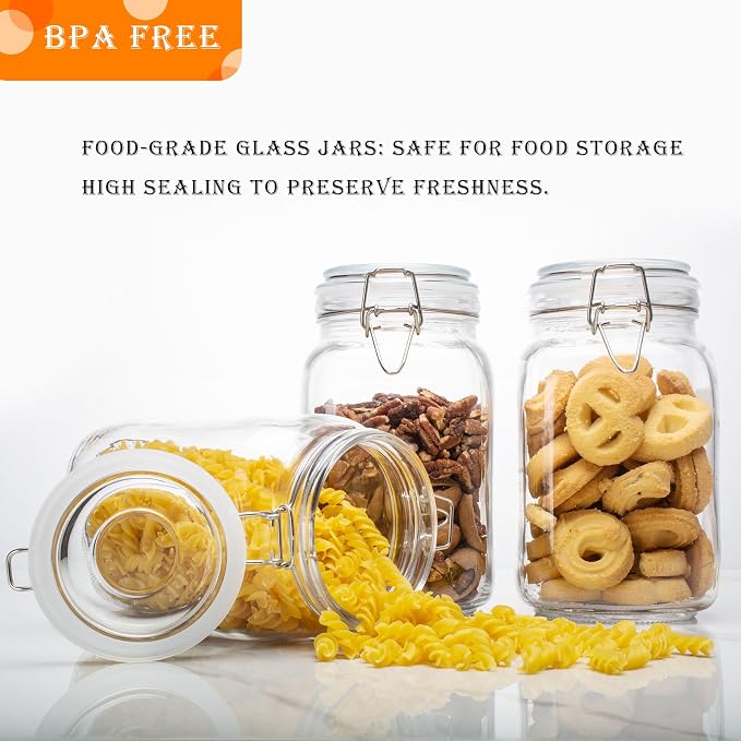 50oz Square Glass Food Storage Jars with Airtight Clamp Lids 3 Pack | Glass Storage Containers for Flour, Sugar, Rice, Coffee, Cereal, Sourdough Pickling and Canning, Mason Jar,Kitchen Canisters