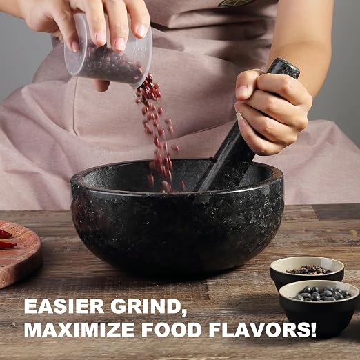 Granite Mortar and Pestle Set, 8" Extra Large Grinder Bowl for Guacamole, Salsa, Pill Crusher, Spice, Herb, Garlic, Nut, Heavy Duty Grinder for Kitchen