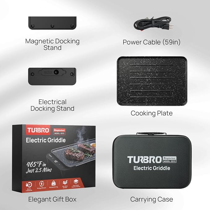 TURBRO EG13 Portable Electric Griddle, Low Power 300-600W, TÜV Certified | Thick-Film Fast Heating, Non-Stick Grill with Smart NTC Temp Control for RV, Camping & Picnics