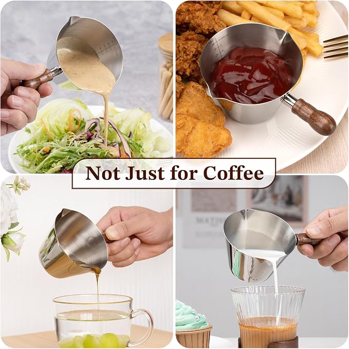 Amrules Espresso Cup, 6.8 oz/200 ml Stainless Steel Coffee Shot Measuring Cup with Wood Handle, Double V-Shaped Mouth and Clear Scale for Cappuccino Barista Coffee Bar Accessories, Silver