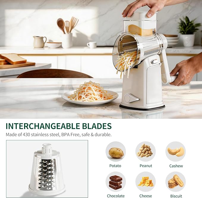 The CoveCarol rotary cheese grater comes with 5 blades and 3 tools: a round mandolin slicer and a food shredder. Suitable for fruits, vegetables, nuts, etc., it includes a blade storage box. (White)
