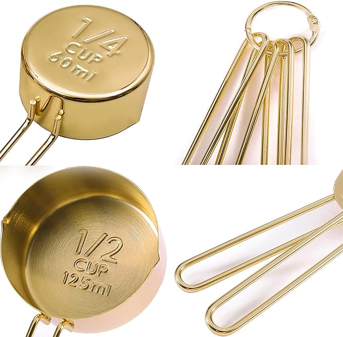 Gold Measuring Cups and Spoons Set, 8 PCS Metal Measuring Cups and Stainless Steel Measuring Spoons Set for Kitchen