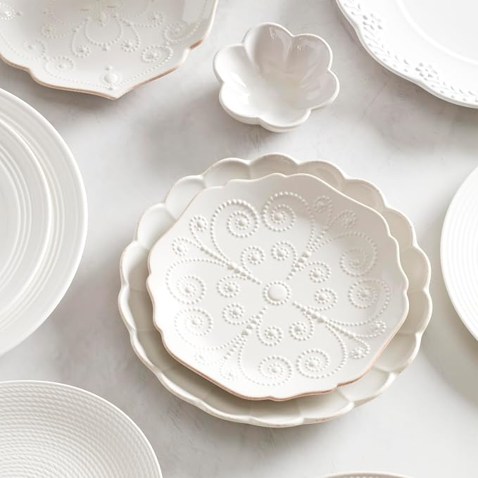 Lenox French Perle Scallop White Stoneware 24-Piece Dinnerware Set for 8 | dishwasher safe | plates and bowls sets for kitchen and dining | 11 inch plate, dish set, dishes | 2.25 inch, 16oz