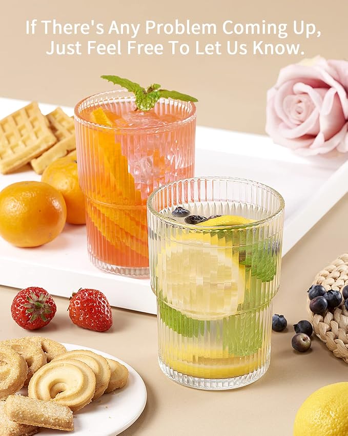 6PCS Ribbed Drinking Glasses,14Oz Stackable Glass Cup Set for Bar & Kitchen | Fluted Designed,Vintage Clear Water Glasses for Cocktail & Juice & Coffee,Versatile cup,gifts,party,wedding