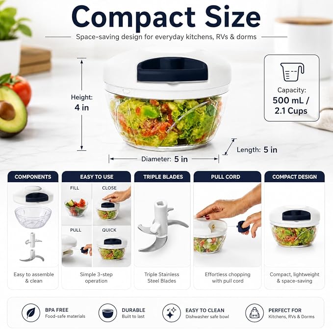 Pull String Food Chopper, 500 mL Manual Vegetable Cutter | Manual Pull-String Chopper 500 mL / 2.1 Cup Capacity Great for Salsa & Guacamole Compact & Easy to Store