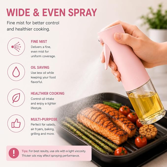 Zuutii Oil Sprayer for Cooking, 170ml Olive Oil Sprayer Mister, Olive Oil Spray Bottle for Salad, BBQ,Spray with Portion Control, Kitchen Baking, Roasting,Hairstyling (Light Pink)