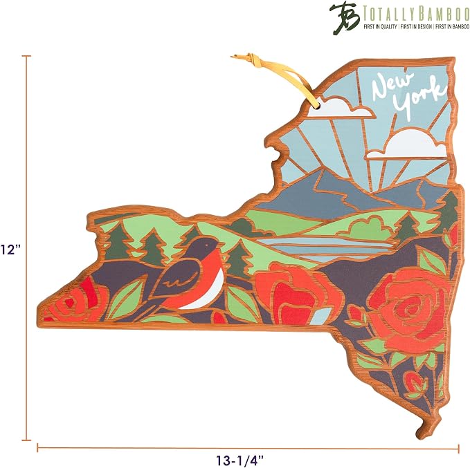 Totally Bamboo New York State Shaped Cutting Board, Summer Stokes Art | State charcuterie board with colorful hand-drawn landscape art. Smooth reverse side for food prep. Hang tie for wall display.