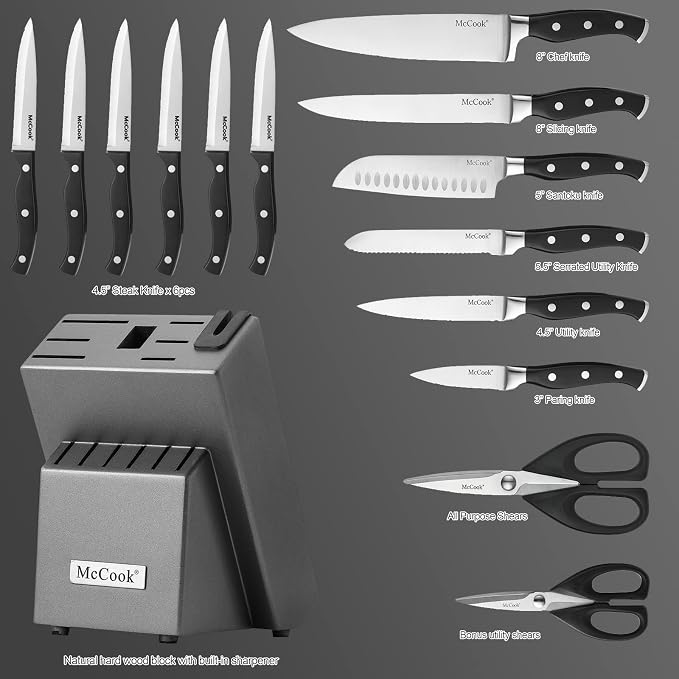 McCook® Knife Sets,German Stainless Steel Kitchen Knife Block Set with Built-in Sharpener (Pack of 2)