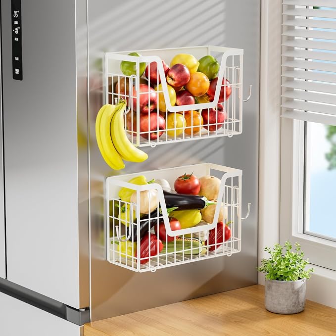2 Set Magnetic Fridge Shelf, White Magnetic Fruit Basket for Fridge | Potato and Onion Storage Bins, Wire Baskets Magnet Shelves Spice Rack for Refrigerator Laundry Kitchen Organizer and Storage