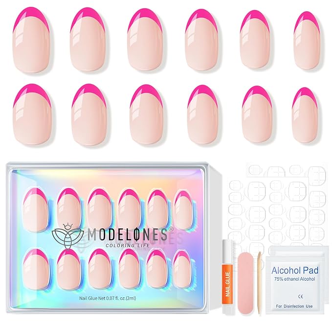 Modelones French Tip Press on Nails Short, Hot Pink Oval Fake Nails | Reusable Nail Kit with Nail Glue Adhesive Tabs Mini Nail File, Nails Press Ons 32Pcs 16Sizes, Women Girl Gift, Summer