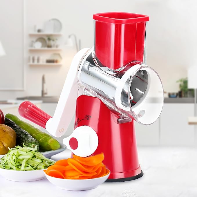 Cambom Rotary Cheese Grater Hand Crank Cheese Shredder for Fresh Cheese, Vegetable, Nuts,Non-slip Suction Base,Three Blades,Red