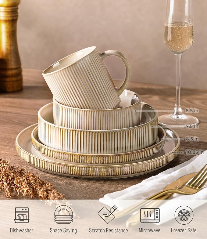 GBHOME Stoneware Dinnerware Sets for 4,16-Piece Plates and Bowls Set | Handmade Reactive Glaze Ceramic Dish Set, Scratch Resistant, Dishwasher&Microwave Safe,Cappuccino