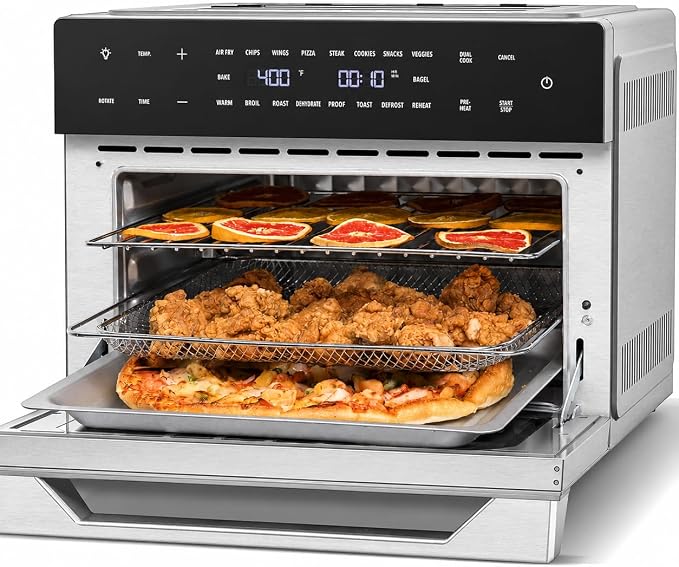 32QT Extra Large Air Fryer, 19-In-1 Air Fryer Toaster Oven Combo with Rotisserie and Dehydrator, Digital Convection Oven Countertop Airfryer Fit 13" Pizza, Brushed Stainless Steel