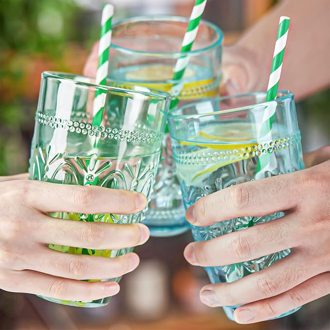 Colored Vintage Drinking Glasses Set of 4, 15.5 oz Romantic Embossed Water Glasses, Colored Tumblers Tempered Glass for Juice, Beverages, Beer, Cocktail