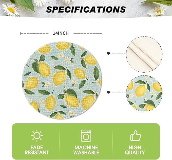Artoid Mode Blue Lemon Flower Floral Round Summer Placemats Set of 4, 14 Inch Spring Round Table Mats for Dining Decoration