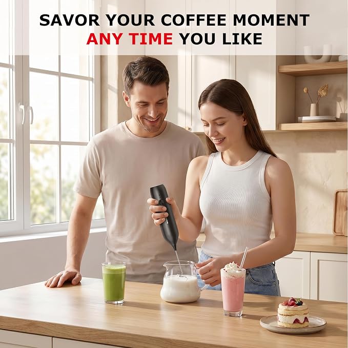 Bonsenkitchen Rechargeable Milk Frother Handheld, Charging USB-C | Electric Foam Maker with Stainless Steel Whisk, Portable Hand Wand Drink Mixer for Coffee Matcha Lattes Cappuccino
