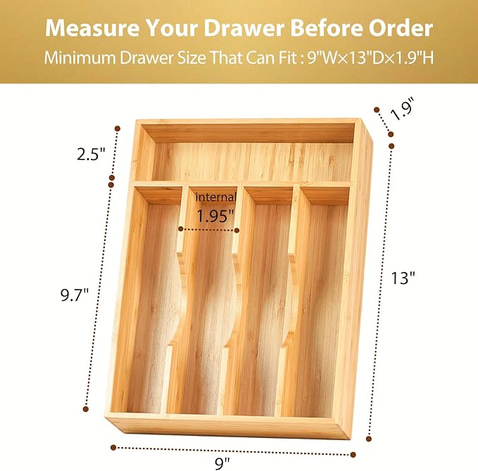 Bamboo Kitchen Drawer Organizer, 9 Inch Silverware Utensils Tray Holder for Small Drawer, Wood Caddy for Flatware Cutlery Knives