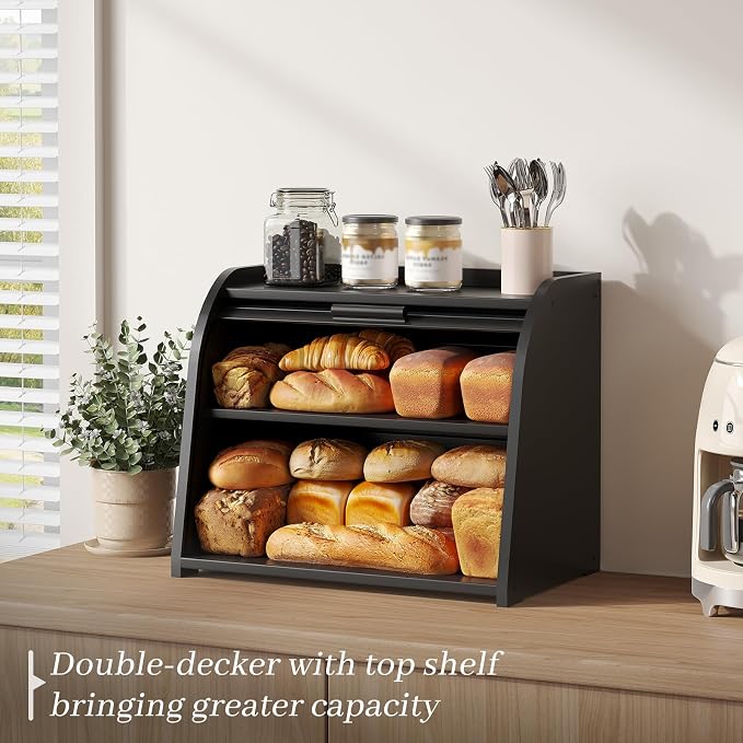 Kitsanery Bread Box for Kitchen Countertop, Bamboo Bread Storage, Double-Layer Roll-Top Bread Container, Farmhouse Bread Holder for Homemade Bread (Black, double layer)