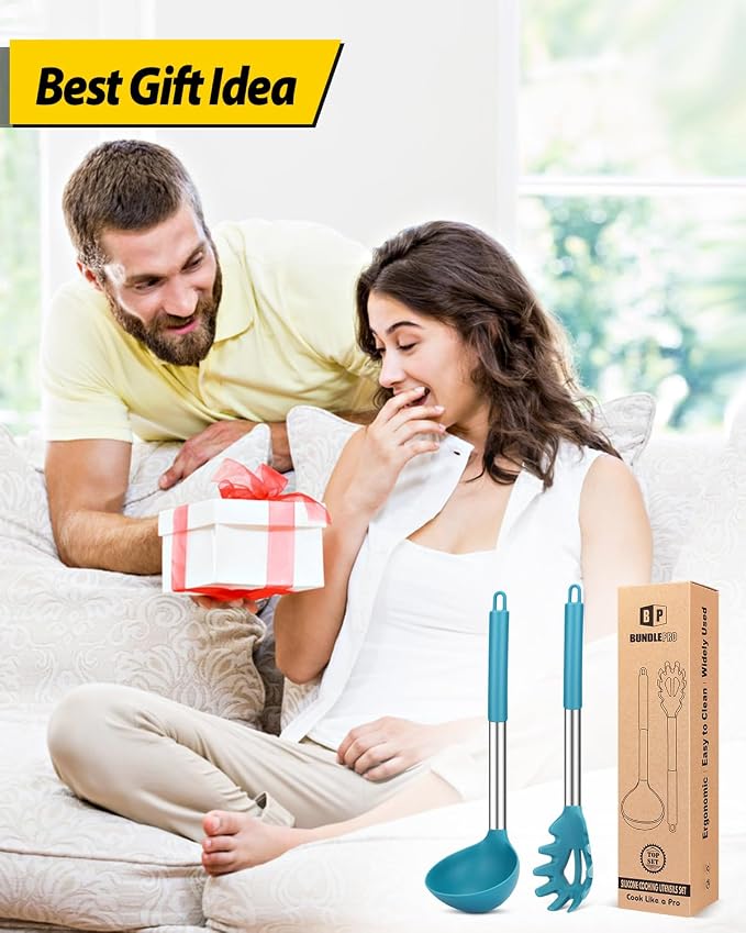 BUNDLEPRO Silicone Pasta Fork and Ladle Spoon Set, 2 Pack, BLUE | Large Non Stick, High Heat Resistant Kitchen Utensils for Cooking,Stirring,Serving Spaghetti, Soup, Sauce