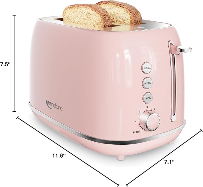 2 Slice Toaster Retro Stainless Steel with Bagel, Cancel, Defrost Function and 6 Bread Shade Settings Bread Toaster, Extra Wide Slot and Removable Crumb Tray (Pink)