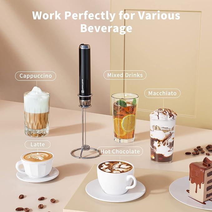 Maestri House Rechargeable Milk Frother,Stand & 3 Detachable Whisks | Lunafro Plus 8000RPM Turbo Motor, 1200mAh lithium battery, Handheld Milk Frother for, Cappuccino, Matcha & Protein Powder