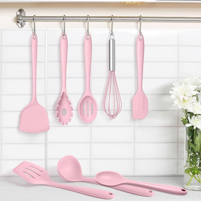 TeamFar Silicone Cooking Utensils Set, 8 PCS Kitchen Utensils Set, Pink | 446°F Heat Resistant Turner, Spatula, Spoon, Whisk, Kitchen Cooking Gadgets Tools, for Nonstick Cookware, Dishwasher Safe