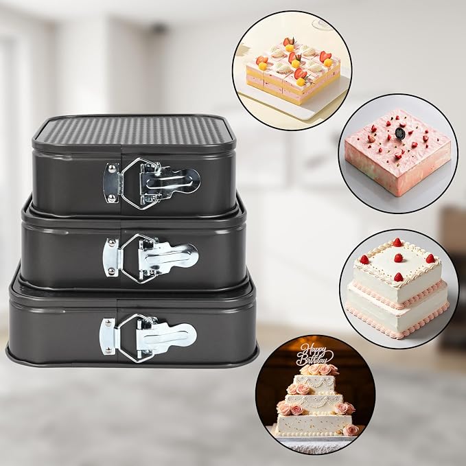 3Pcs Springform Pan, Square Removable Bottom(8/9/10 Inch) | Cake Pan, Leakproof, 50 Pcs Parchment Paper Liners, Nonstick Cheesecake Pans, Baking Tools, home bakery