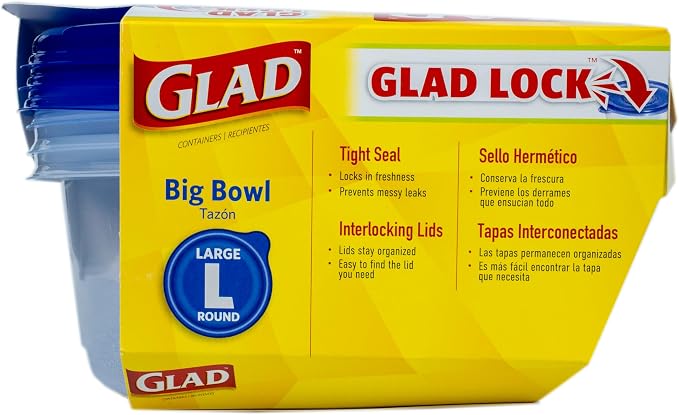 Glad GladWare Big Bowl Food Storage Containers, Large, 48 Oz, 3 Count, 6-Pk | Lock-tight seal for soups, salads, and meal prep in a large round format; microwave and dishwasher safe