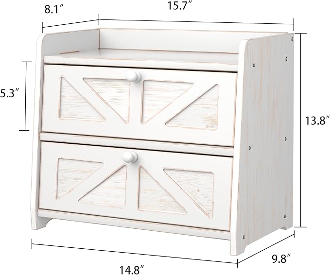 Corner Bread Box for Kitchen Countertop, Vintage Wooden Counter Organizer, Bamboo Bread Storage Bin for Homemade Bread, Small Farmhouse Corner Breadbox Container with Acrylic Window, Vintage White