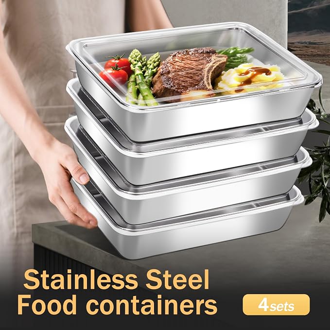 8-Piece Stainless Steel Food Storage Containers with Lids - Stackable, Reusable Meal Prep Containers for Kitchen, Lunch & Fresh Produce (8 Containers + 8 Lids)