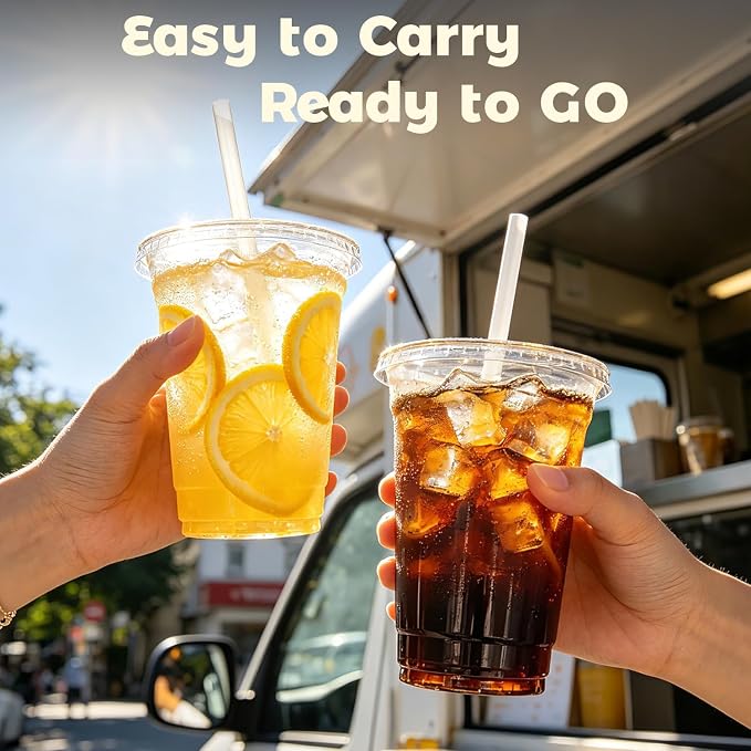 Charmount 100 Sets 16 oz Plastic Cups with Lids and Straws | Clear Disposable Cups for Dirty Soda, Iced Coffee & Smoothies, Plastic Bar Supplies for Cold Drinks