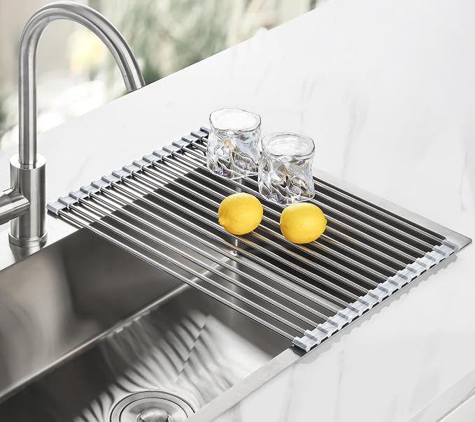 Tomorotec Roll Up Dish Drying Rack Over Sink, 304 Steel, 17.7x12.5, Marble | Anti-Slip Silicone Rims For Grip, Heat-Resistant Trivet Mat Holding Heavy Cookware, Rustproof Kitchen Counter Space Saver