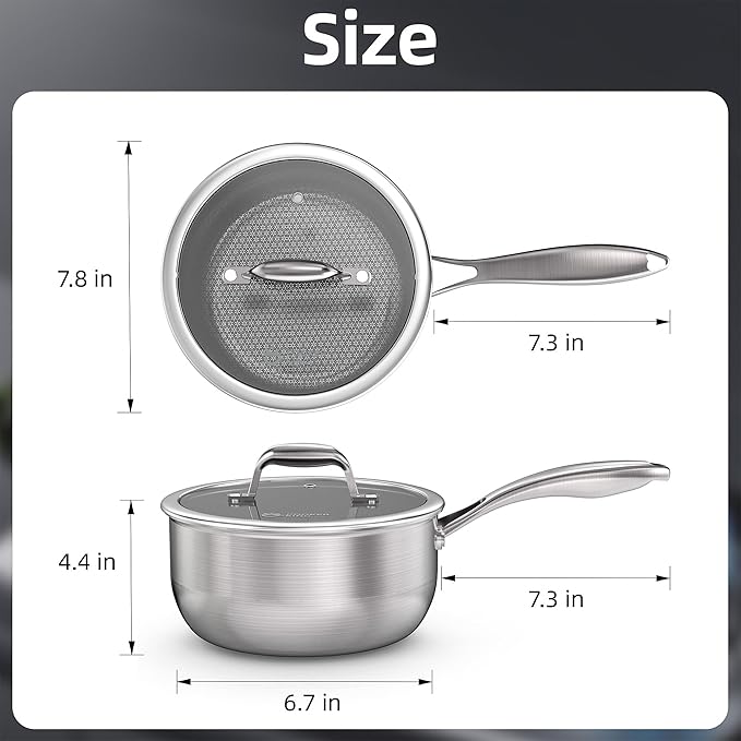 COOKER KING 3 Quart Stainless Steel Saucepan with Lid, Tri-Ply Ceramic Nonstick Pot, Metal Utensil Safe, Dishwasher & Oven Safe up to 900F, Induction Cookware for All Stovetops
