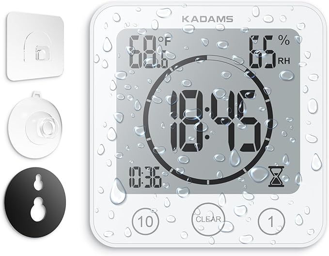 KADAMS Shower Clock Waterproof Bathroom Timer – Digital Wall Clock with Countdown, Magnetic Kitchen Clock with Temperature & Humidity, Suction Cup for Kids Shower Spa Sauna Cook Bath, White