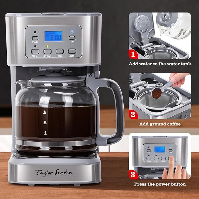 Taylor Swoden 12-Cup Programmable Coffee Maker, Gray & Stainless Steel | Regular & Strong Brew Drip Coffee Machine for Home and Office, Glass Carafe, Pause & Serve, Auto Shut Off