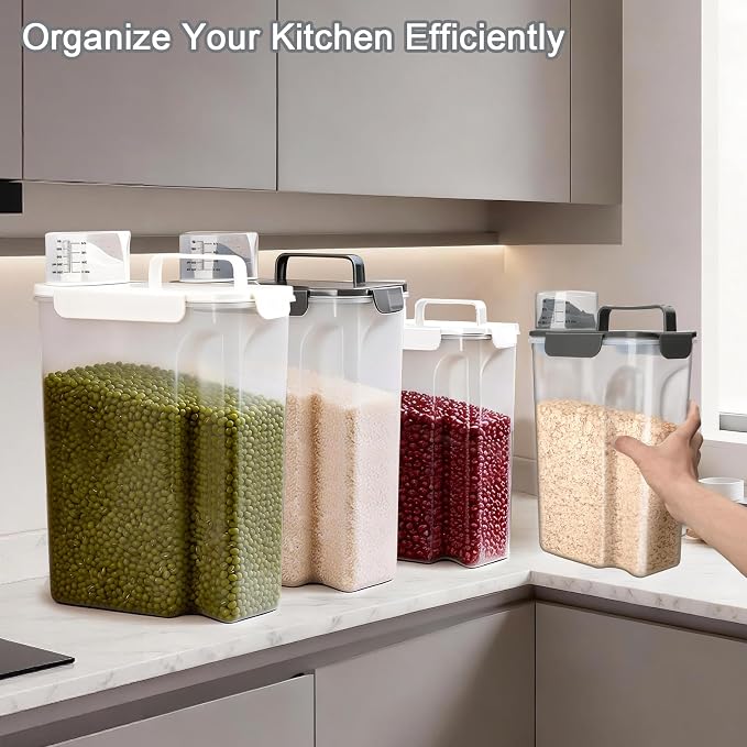 Rice Storage Containers, Rice dispenser with Pouring Spout Portable Handle for Flour, Pasta, Grain and Baking, Pet Dog Cat Bird Food Container 20 LB Grey