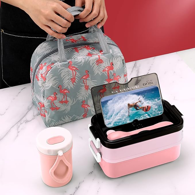 2-Tier Bento Lunch Box for Women & Adults with Insulated Lunch Bag | 50 OZ Large Capacity Bento Box with BPA-Free Utensils & Cup & Sauce Container, Leakproof, Microwave Safe for Work & Meal Prep