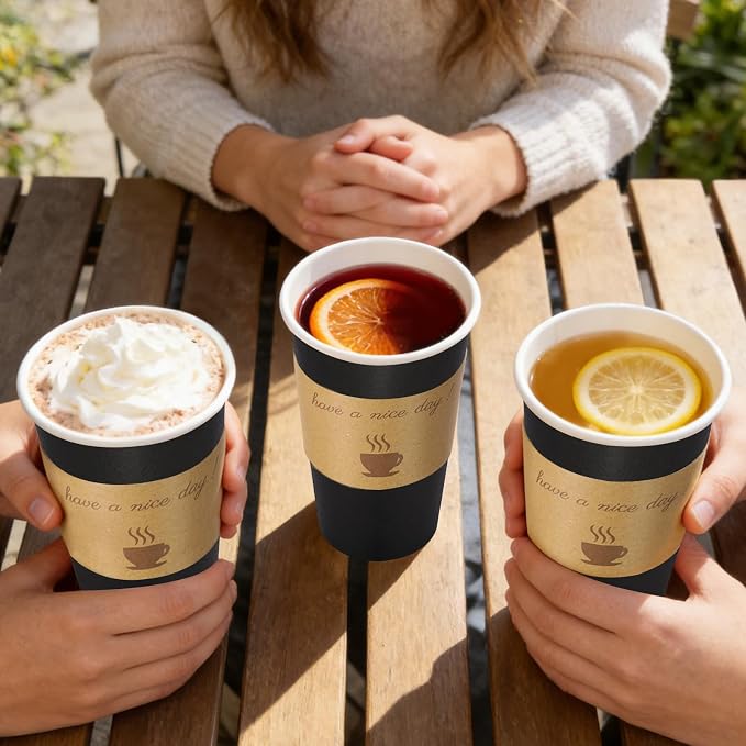 BYSNOW 20 oz 50 pack Disposable Paper Coffee Cups with Lids To Go Cups | Paper To Go Cups with Lids, Sleeves and Stirring Sticks, Hot Paper Cups for Home, Office and Party (Black 20oz)