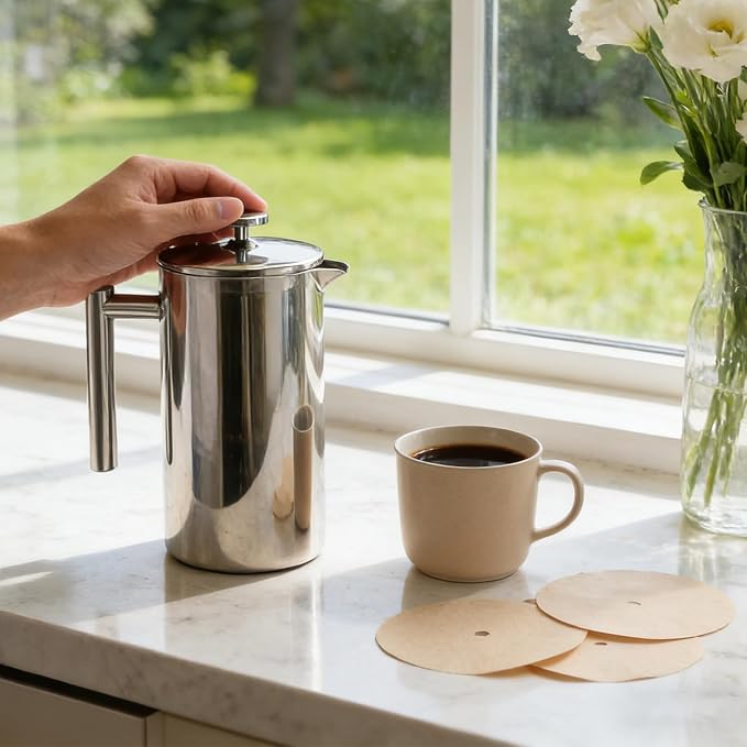 100 Pcs Paper Filters for Ziruma French Press 34 Oz, Pre-punched Holes | Percolator Filters for Mueller French Press Coffee Maker 34 Oz, Natural Unbleached Material, Smooth Water Flow