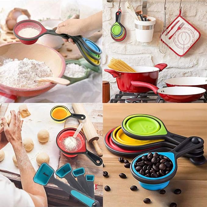 Collapsible Measuring Cups and Spoons - Portable Food Grade Silicone for Liquid & Dry Measuring, 8 Piece Set Kitchen Measuring Tool
