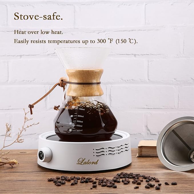 Lalord Pour Over Coffee Maker, 600ml/20oz Borosilicate Glass Carafe with Stainless Steel Filter & Wooden Collar, 3-4 Cups Capacity, Clear