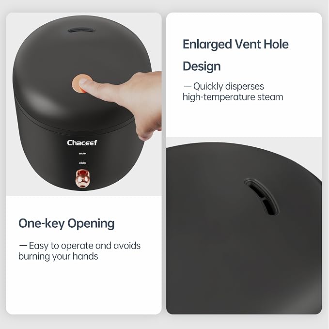 CHACEEF Rice Cooker 2 Cups Uncooked, 1.2L Portable Rice Cooker Small, Black | Non-Stick Pot, Auto Keep Warm, for White & Brown Rice & Oatmeal, Portable for Travel, Dorm & Office, Compact & Easy to Store