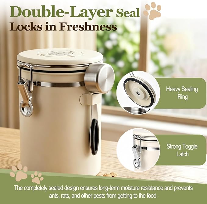 Dog Treat Container Airtight, 1.9 Qt 304 Stainless Steel Dog Treat Jar & Pet Treat Canister with Scoop, Date Dial, Locking Clamp, Silicone Seal for Dog Biscuits, Cookies, Training Snacks