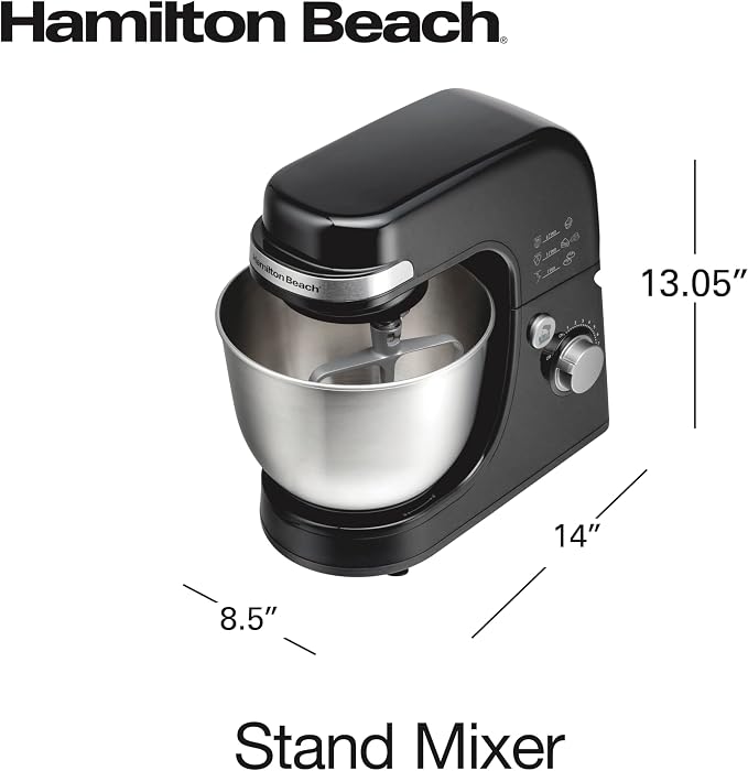 Hamilton Beach 4 Quart Electric Stand Mixer With 7 Speeds | Planetary Mixing For Full Bowl Coverage | Splash Guard | 300 Watts | Whisk, Flat Beater, Dough Hook | Black