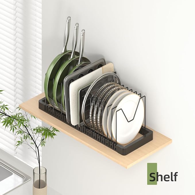 Pots and Pans Organizer under Cabinet, Expandable Pot Lid Organizer Holder with 14 Adjustable Compartment, Pan Organizers inside Cabinet for Lids, Bakeware, Kitchen Storage Pot Rack, Black