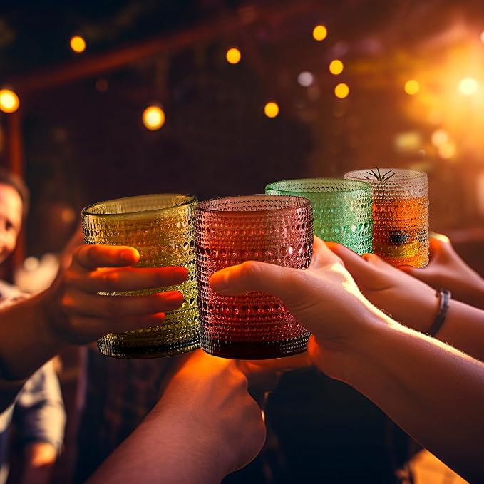 KMIGRUAN Colored Hobnail Drinking Glasses Set of 12,15oz&12oz Vintage cups | Embossed Beaded Water Tumbler for Cocktail, Juice and Various Mixed Drinks,Vintage Glassware Dishwasher-Safe