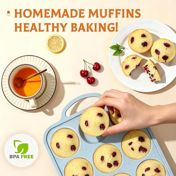 Silicone Muffin Pans for Baking, Metal Reinforced Frame 2.8''Silicone Molds | 2 Pcs, 2.8 Inch, with Handle, BPA Free, Nonstick, Oven Dishwasher Safe, Food-Grade Silicone, Heat-resistant: -104°F to 446°F