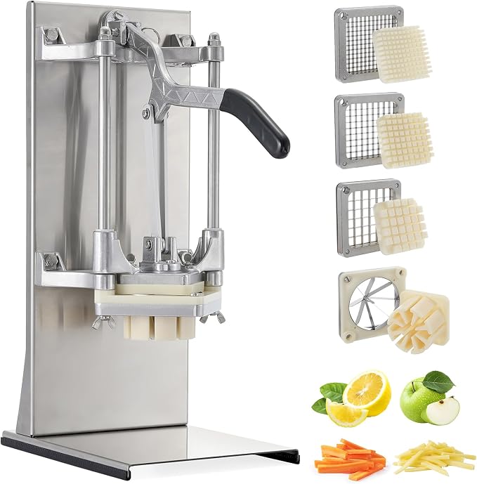 4-in-1 Commercial French Fry Cutter, 4-Blade Vegetable Chopper | 1/2", 3/8", 1/4" & 8-wedge blades, stainless steel, extended handle, stable base, wall or tabletop mount, easy-clean parts