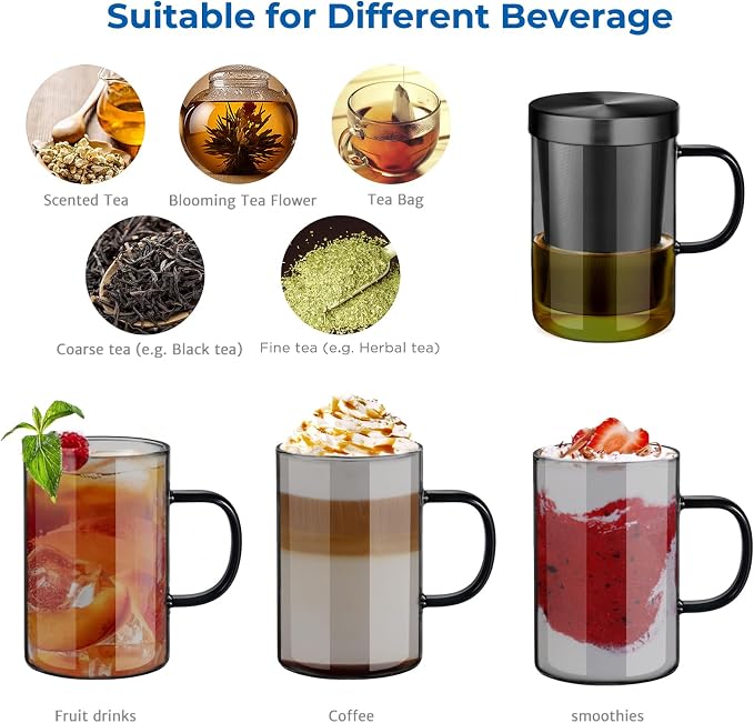 ecooe 16.9oz Glass Tea Cup with Infuser and Lid Clear Glass Tea Cup with Removable Stainless Steel Infuser & Lid, 500ml Teacup for Loose Leaf Tea, Tea Maker Gift for Birthday (Black Glass) | Black Borosilicate, Tea Cup, 430 ml (Use Capacity), Microwave...