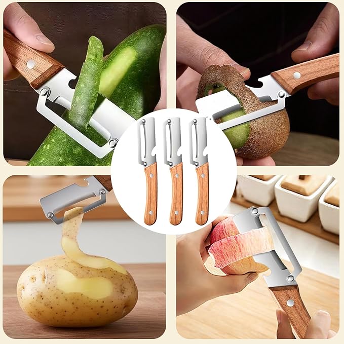 3 Pcs MultiFunctional Vegetable Peeler for Kitchen,Stainless Steel Blade with Ergonomic Wooden Handle and Built-in Bottle Opener, Kitchen Tool for Fruit Veggie Pumpkin, Gifts for Mom